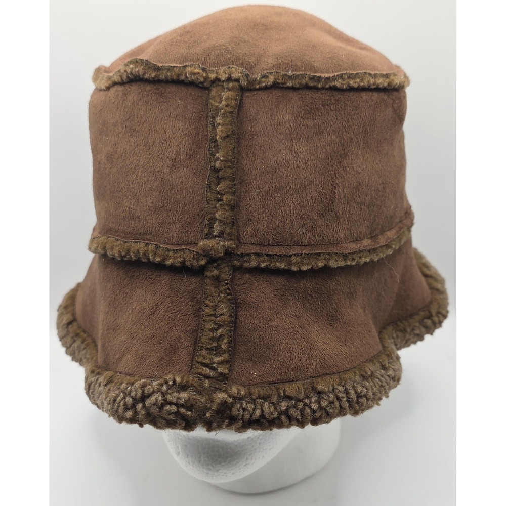 Brown Sherpa Lined Faux Suede Bucket Hat One Size Cozy Winter Warm Boho‎